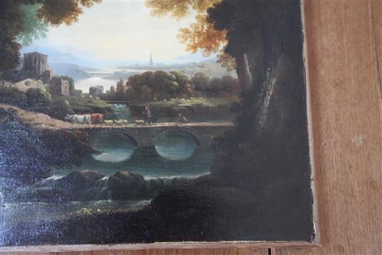 Early 19th century English School River landscape with cattle drover on a bridge 20 x 24in., unframed